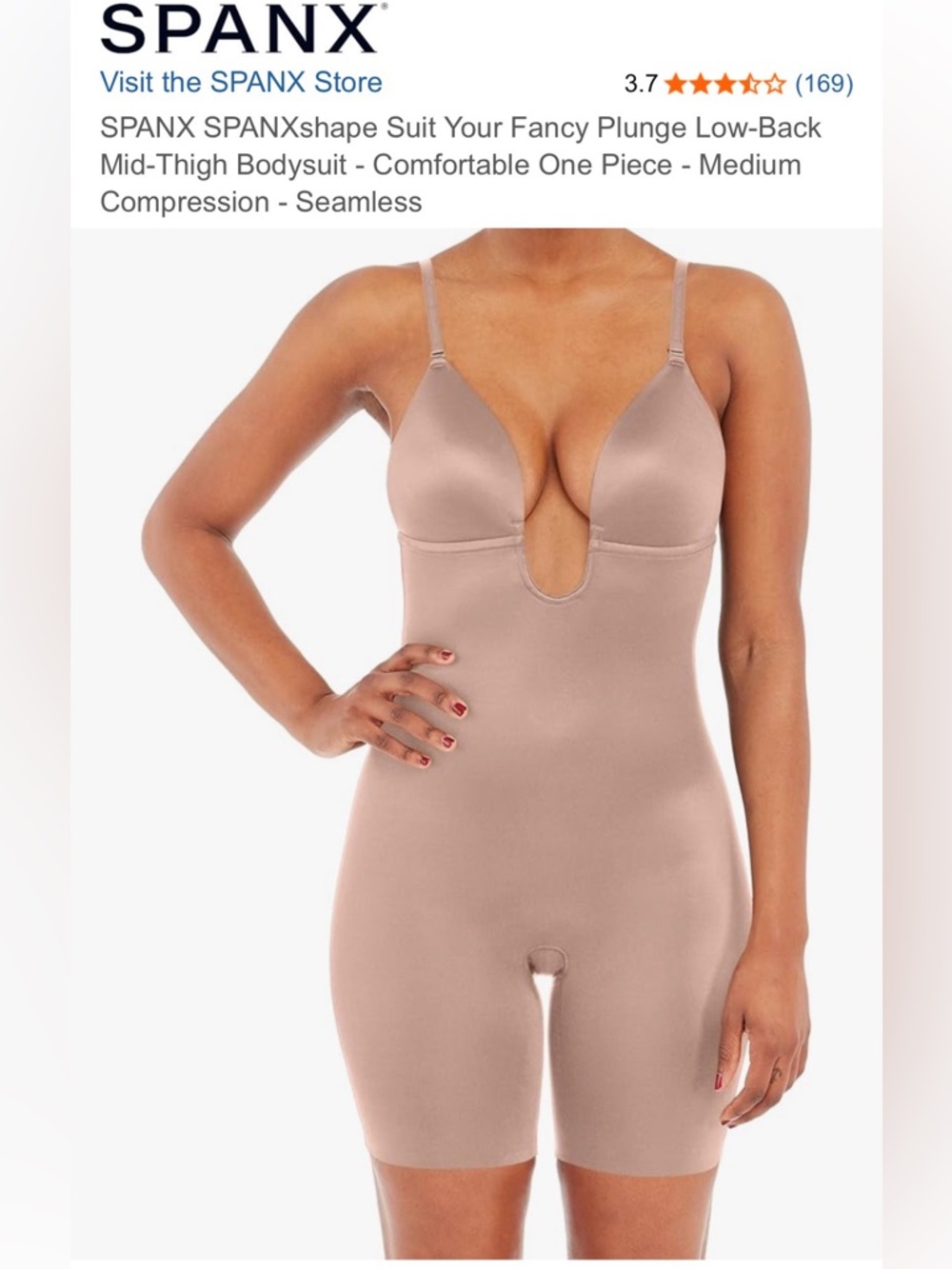 SPANX BNWT champagne beige Full-Body Shaping 4way deep plunge mid thigh low back